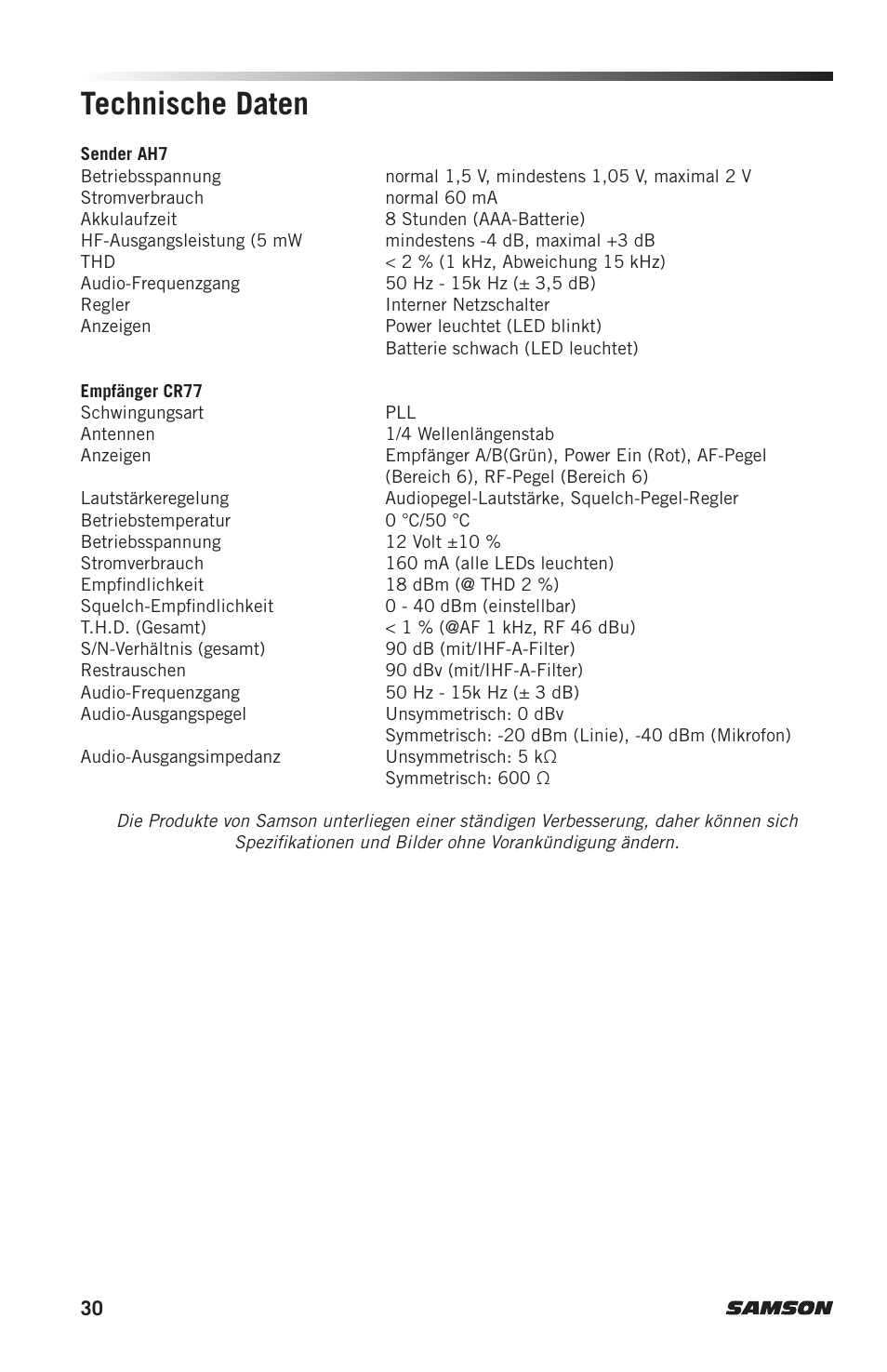 Technische daten | Samson AH7 Transmitter with QE Fitness Headset Microphone (K1: 489.050 MHz) User Manual | Page 30 / 52