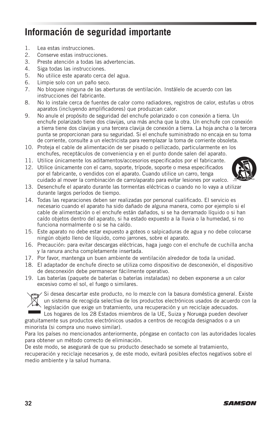 Información de seguridad importante | Samson AH7 Transmitter with QE Fitness Headset Microphone (K1: 489.050 MHz) User Manual | Page 32 / 52