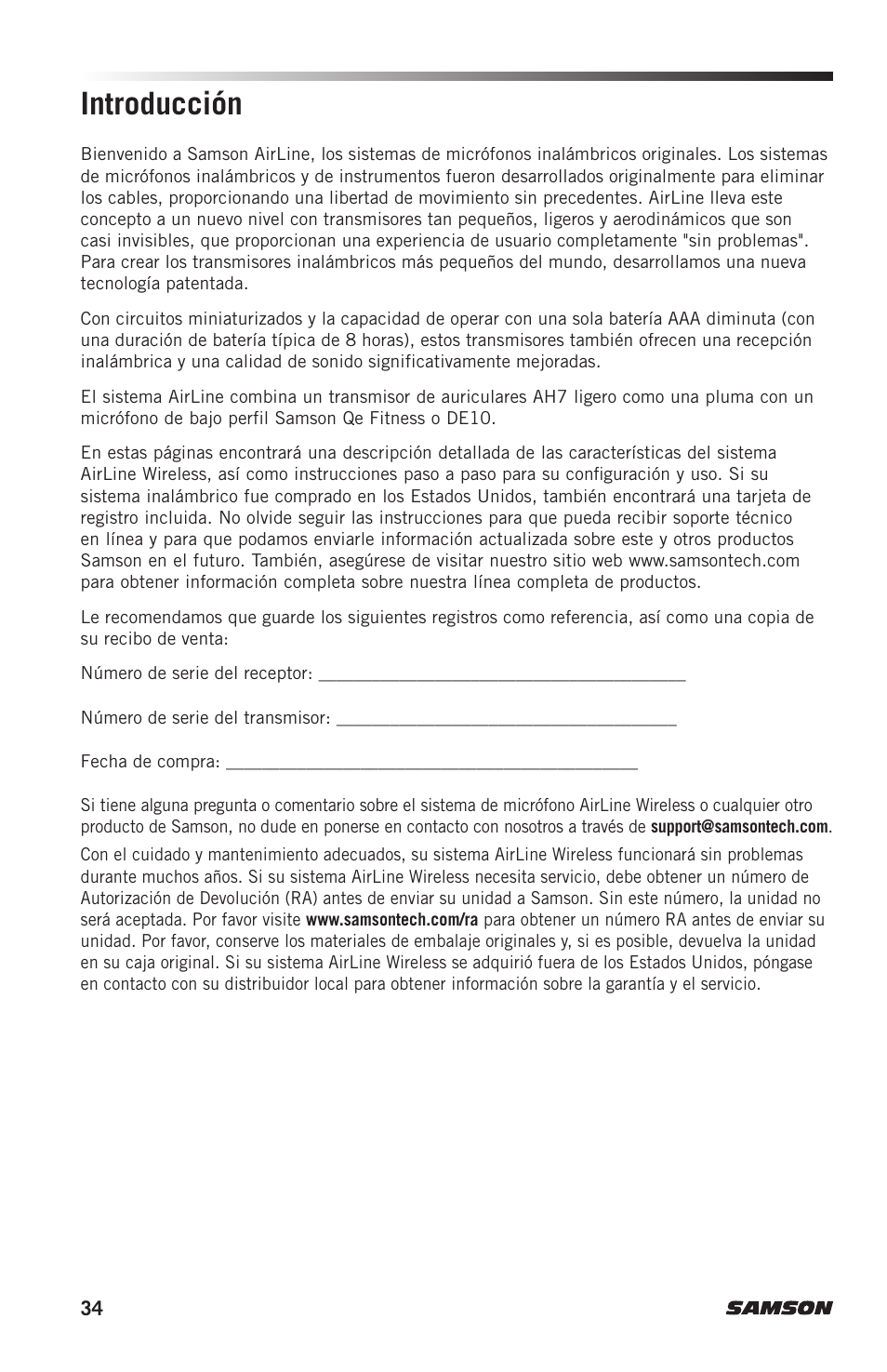 Introducción | Samson AH7 Transmitter with QE Fitness Headset Microphone (K1: 489.050 MHz) User Manual | Page 34 / 52