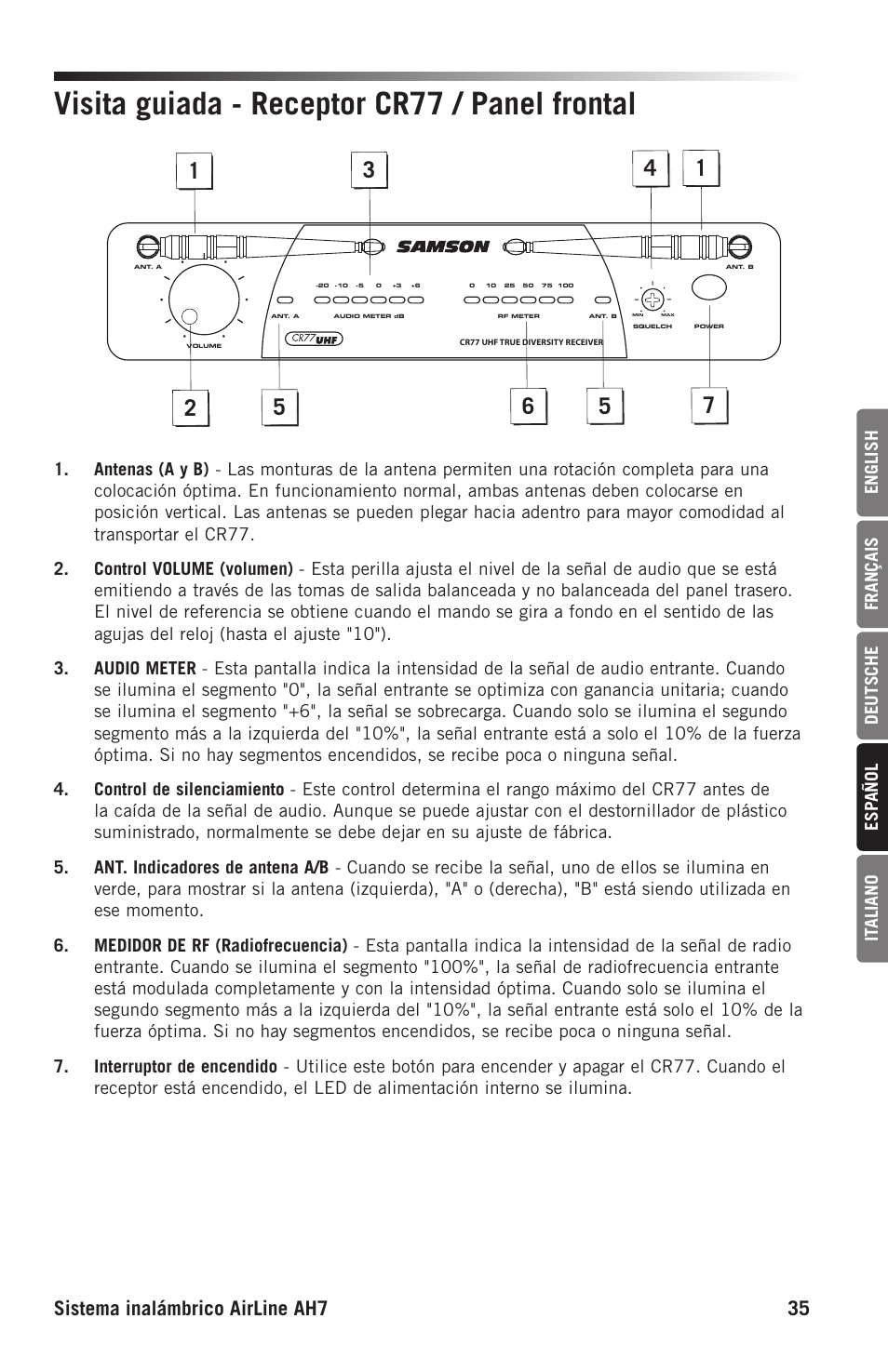 Visita guiada - receptor cr77 / panel frontal, Sistema inalámbrico airline ah7 35 | Samson AH7 Transmitter with QE Fitness Headset Microphone (K1: 489.050 MHz) User Manual | Page 35 / 52