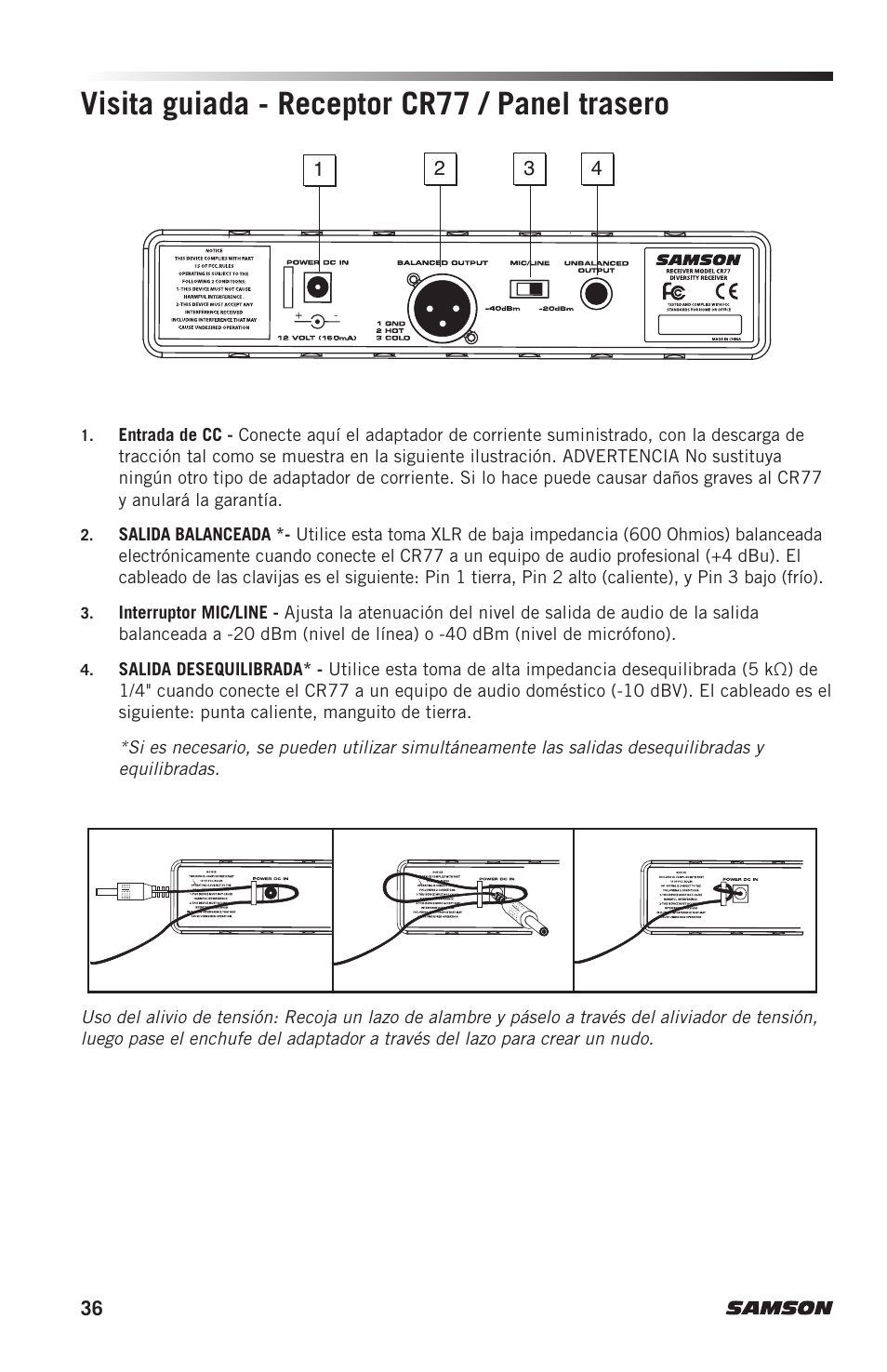 Visita guiada - receptor cr77 / panel trasero | Samson AH7 Transmitter with QE Fitness Headset Microphone (K1: 489.050 MHz) User Manual | Page 36 / 52
