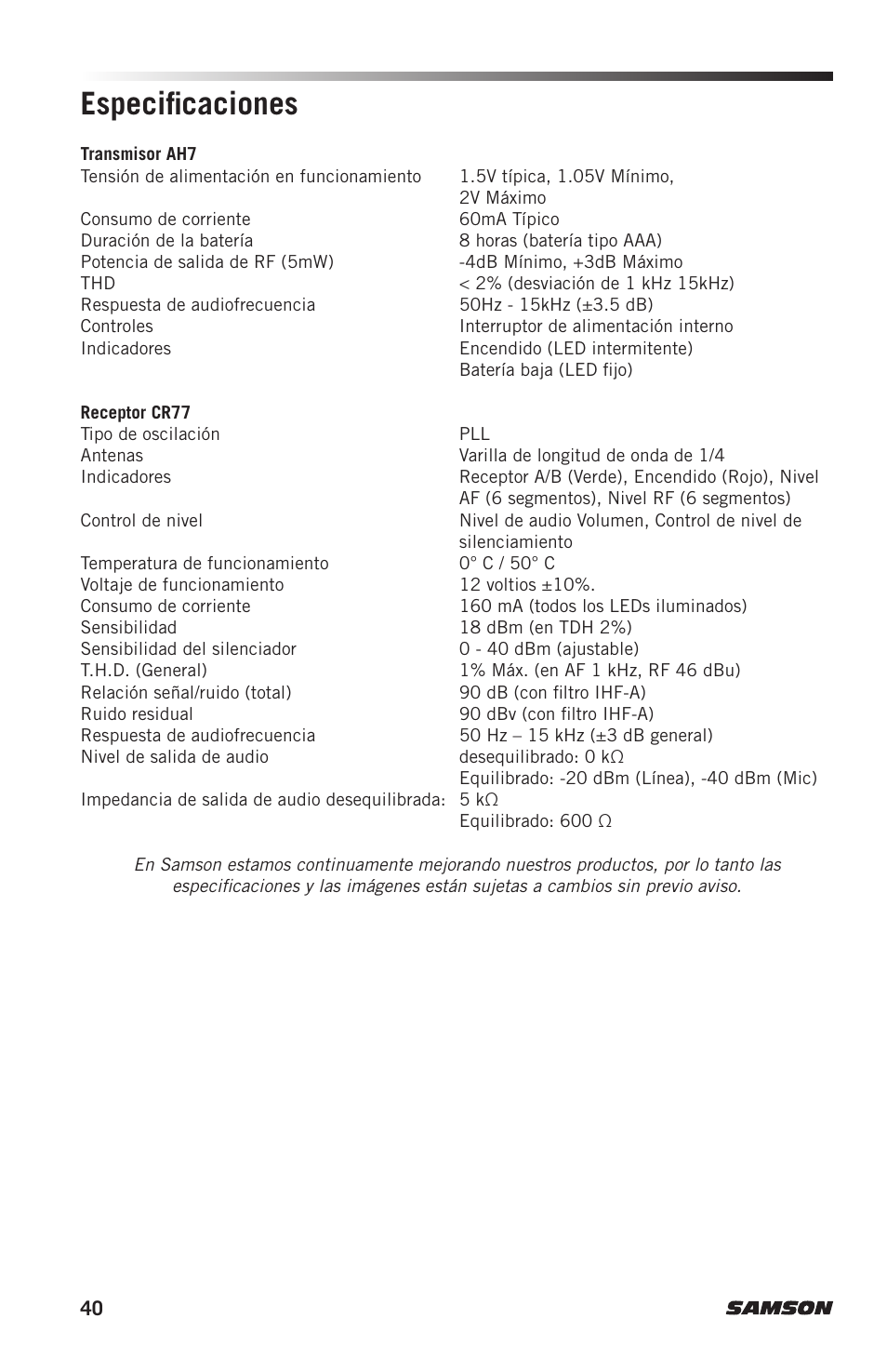 Especificaciones | Samson AH7 Transmitter with QE Fitness Headset Microphone (K1: 489.050 MHz) User Manual | Page 40 / 52