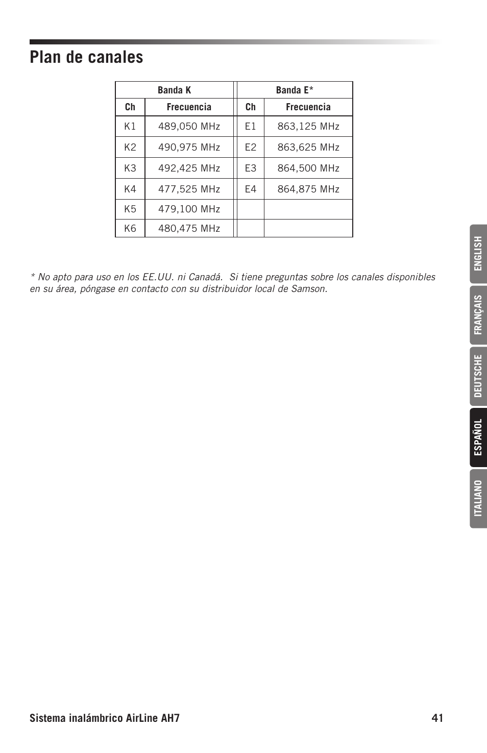 Plan de canales | Samson AH7 Transmitter with QE Fitness Headset Microphone (K1: 489.050 MHz) User Manual | Page 41 / 52