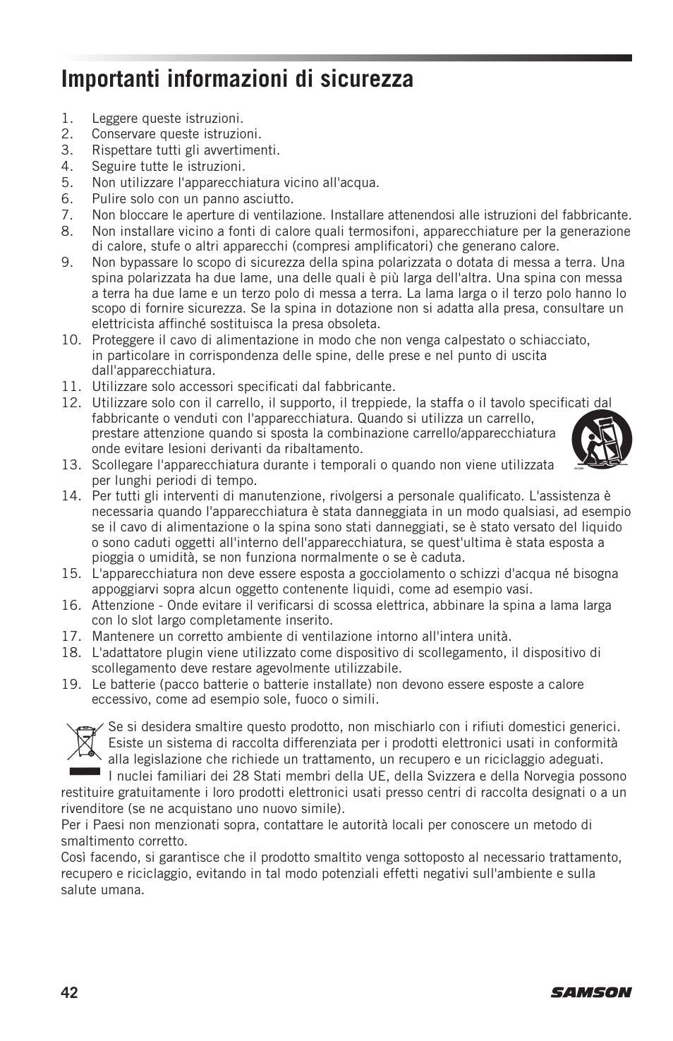 Importanti informazioni di sicurezza | Samson AH7 Transmitter with QE Fitness Headset Microphone (K1: 489.050 MHz) User Manual | Page 42 / 52