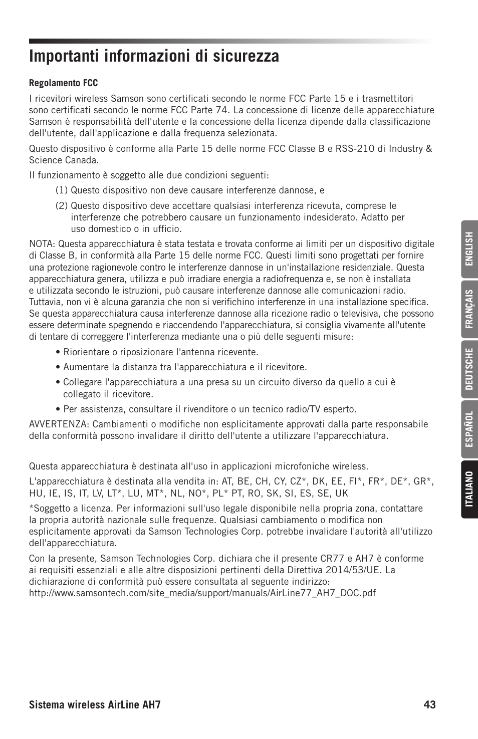 Importanti informazioni di sicurezza | Samson AH7 Transmitter with QE Fitness Headset Microphone (K1: 489.050 MHz) User Manual | Page 43 / 52