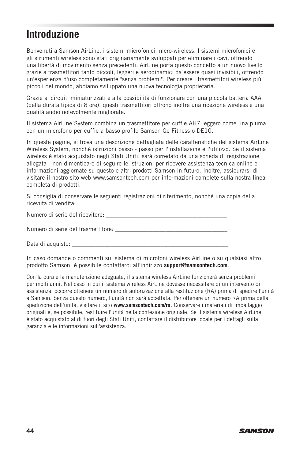 Introduzione | Samson AH7 Transmitter with QE Fitness Headset Microphone (K1: 489.050 MHz) User Manual | Page 44 / 52