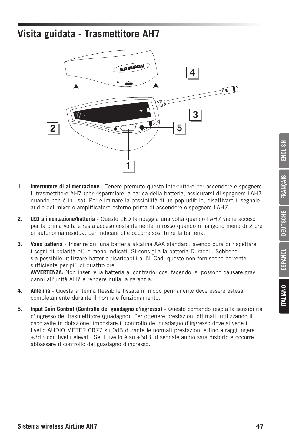 Visita guidata - trasmettitore ah7 | Samson AH7 Transmitter with QE Fitness Headset Microphone (K1: 489.050 MHz) User Manual | Page 47 / 52