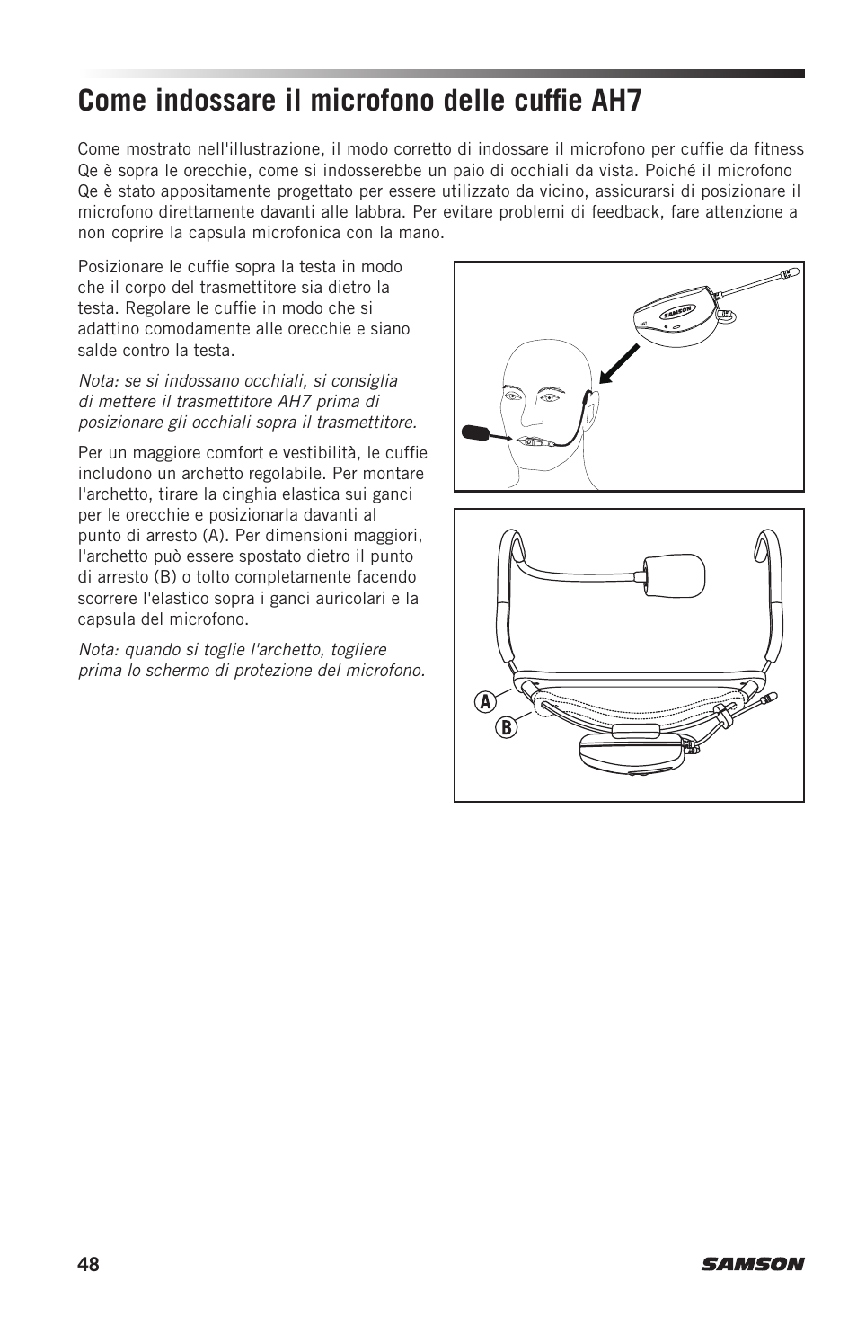 Come indossare il microfono delle cuffie ah7 | Samson AH7 Transmitter with QE Fitness Headset Microphone (K1: 489.050 MHz) User Manual | Page 48 / 52