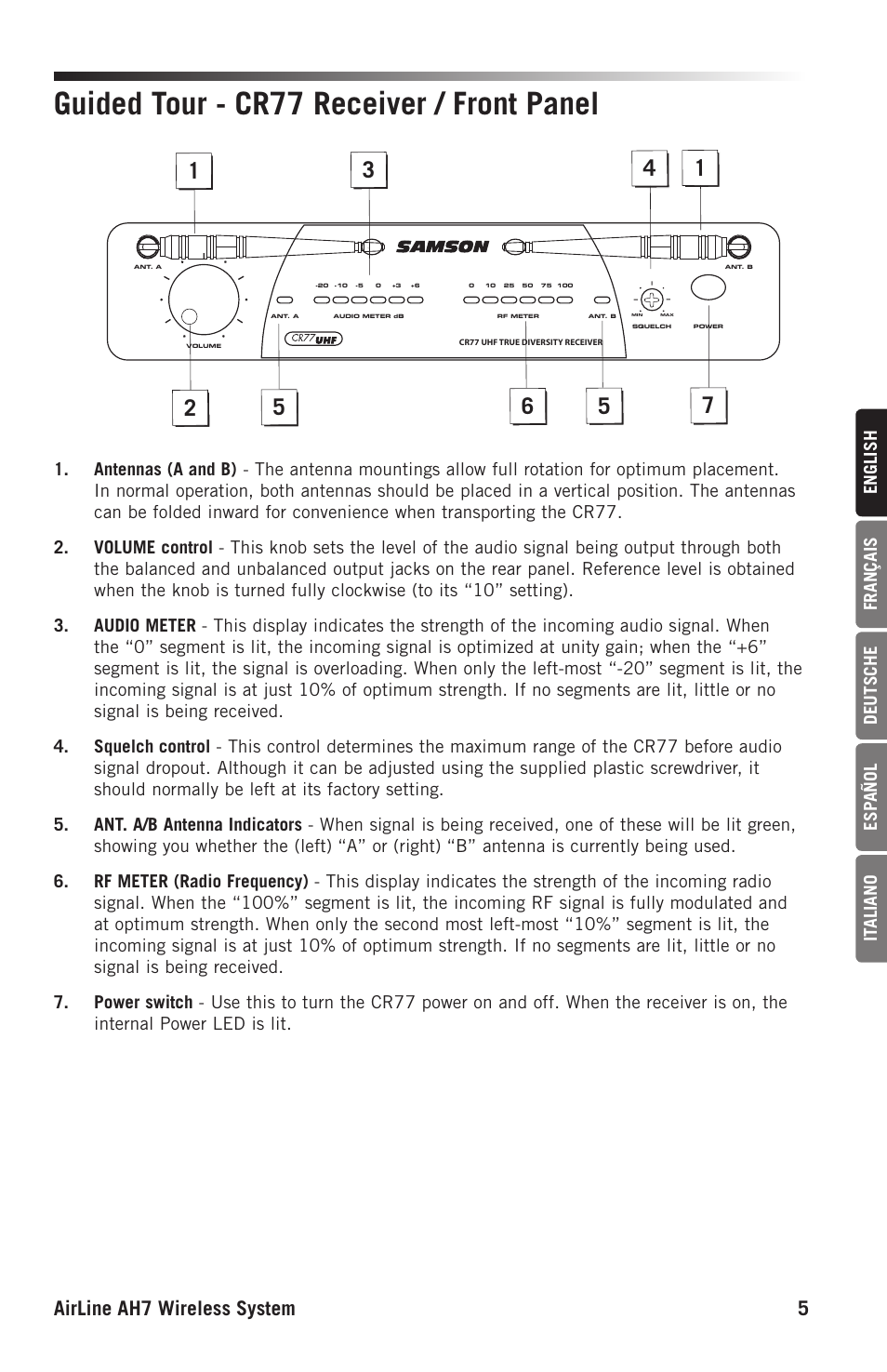 Guided tour - cr77 receiver / front panel, Airline ah7 wireless system 5 | Samson AH7 Transmitter with QE Fitness Headset Microphone (K1: 489.050 MHz) User Manual | Page 5 / 52