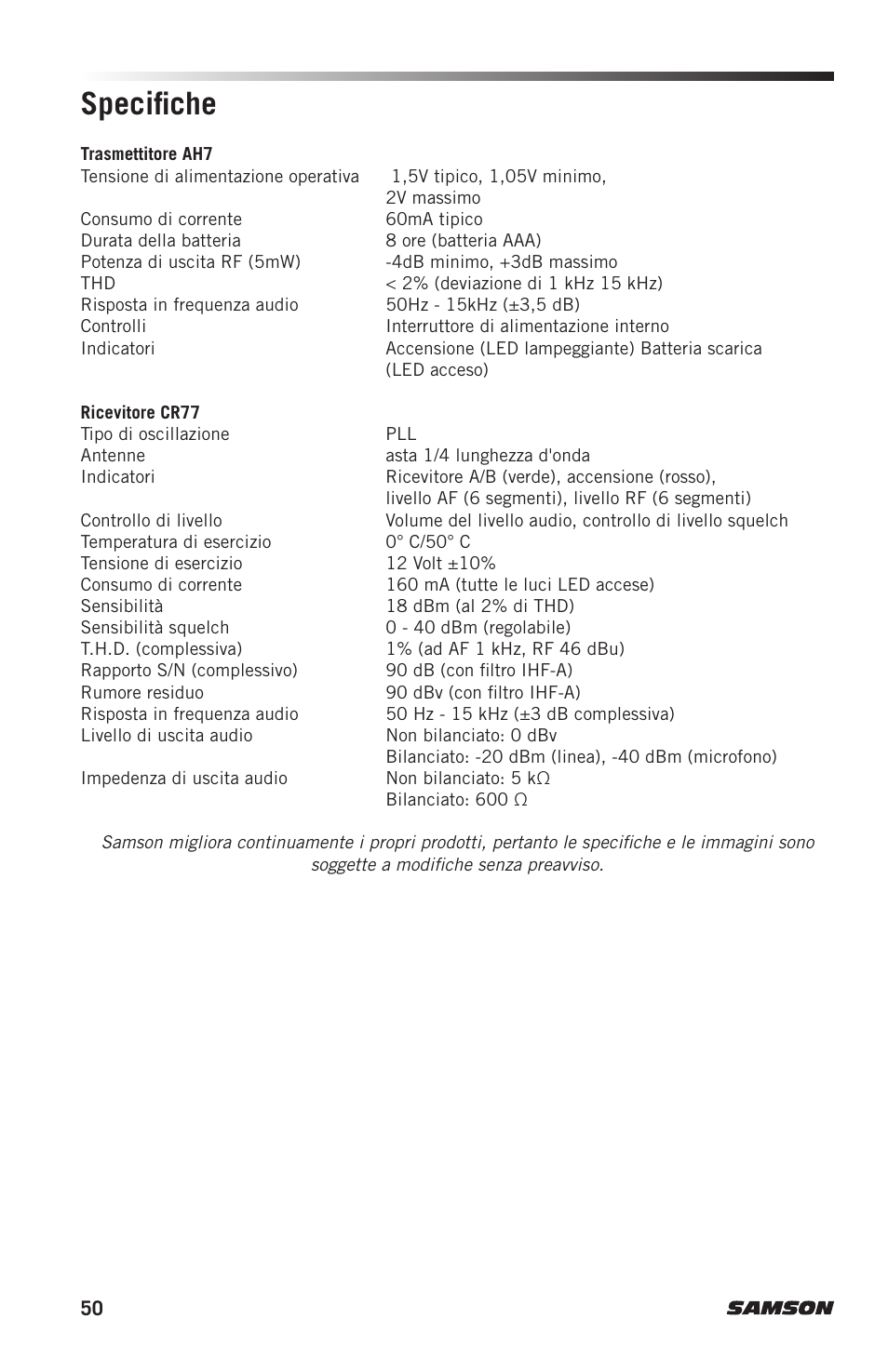 Specifiche | Samson AH7 Transmitter with QE Fitness Headset Microphone (K1: 489.050 MHz) User Manual | Page 50 / 52