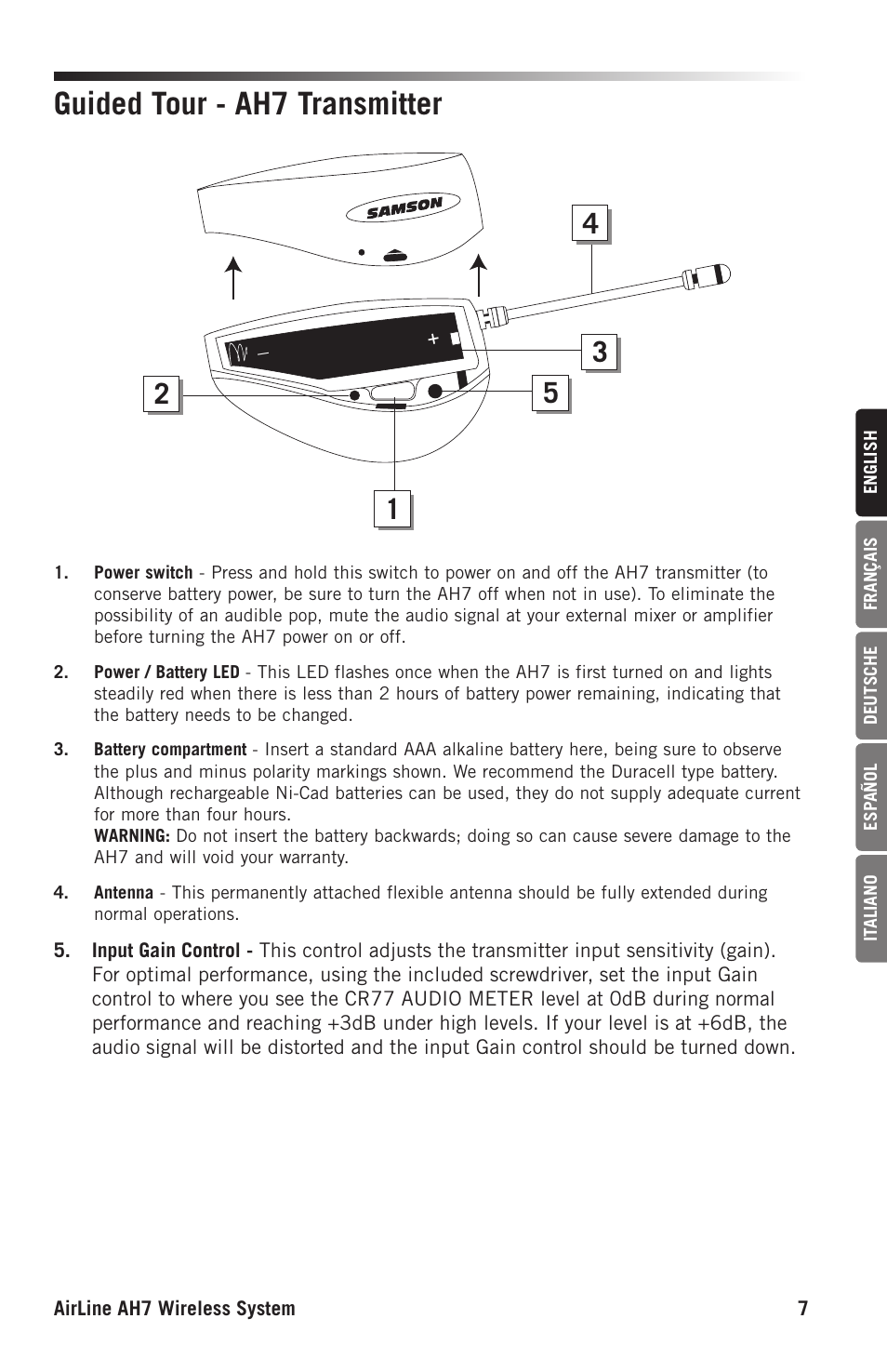 Guided tour - ah7 transmitter | Samson AH7 Transmitter with QE Fitness Headset Microphone (K1: 489.050 MHz) User Manual | Page 7 / 52