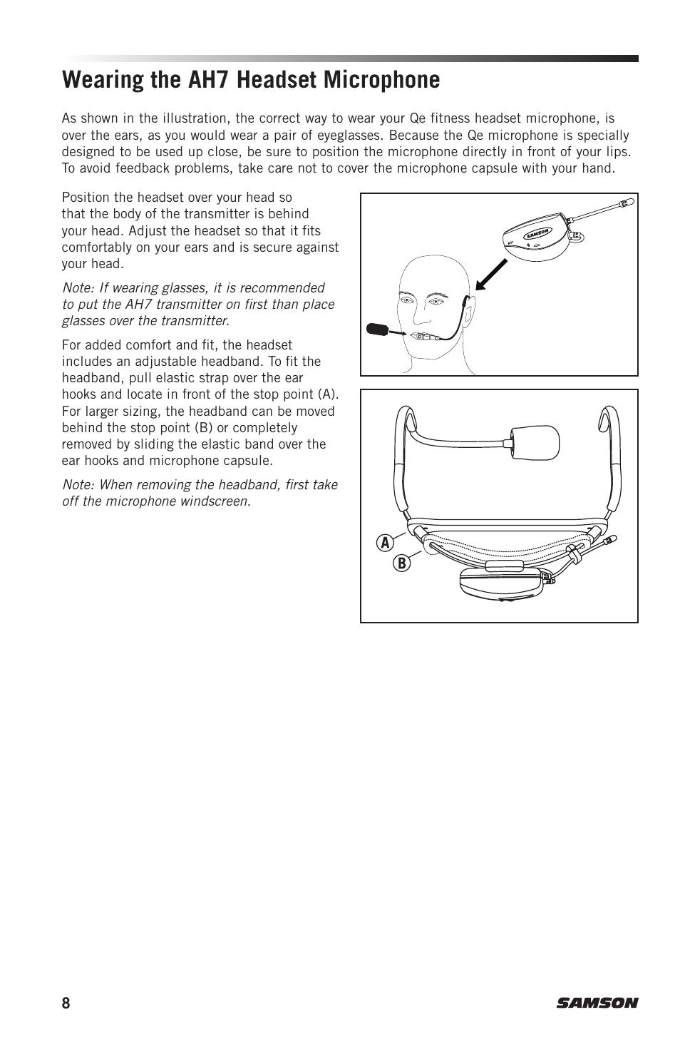 Wearing the ah7 headset microphone | Samson AH7 Transmitter with QE Fitness Headset Microphone (K1: 489.050 MHz) User Manual | Page 8 / 52