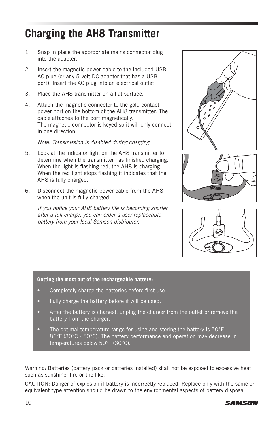 Charging the ah8 transmitter | Samson AH8 AirLine 88 Wireless Fitness Headset Microphone Transmitter (D: 542 to 566 MHz) User Manual | Page 10 / 84