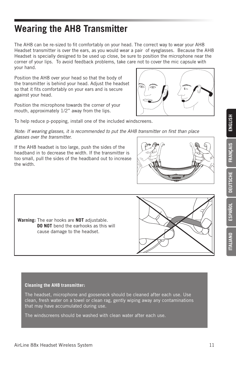 Wearing the ah8 transmitter | Samson AH8 AirLine 88 Wireless Fitness Headset Microphone Transmitter (D: 542 to 566 MHz) User Manual | Page 11 / 84