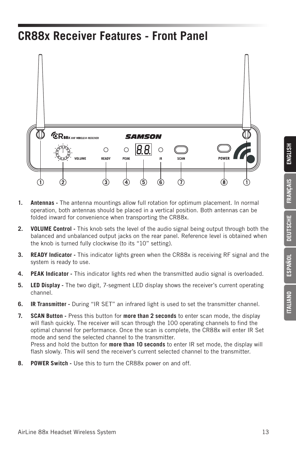 Cr88x receiver features - front panel | Samson AH8 AirLine 88 Wireless Fitness Headset Microphone Transmitter (D: 542 to 566 MHz) User Manual | Page 13 / 84