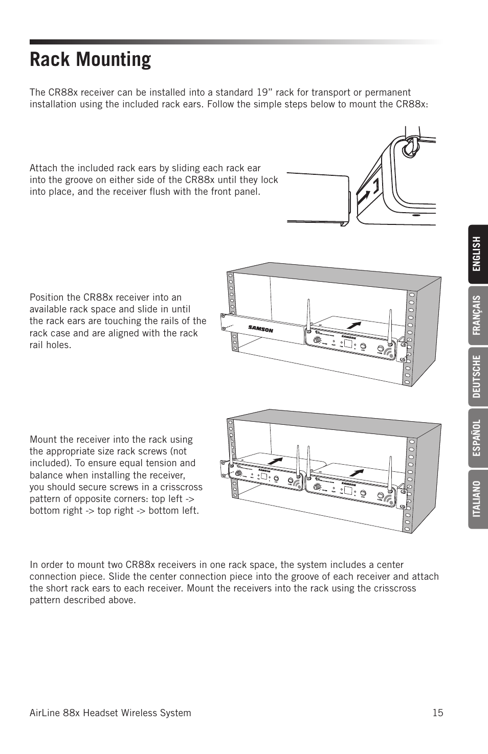 Rack mounting | Samson AH8 AirLine 88 Wireless Fitness Headset Microphone Transmitter (D: 542 to 566 MHz) User Manual | Page 15 / 84