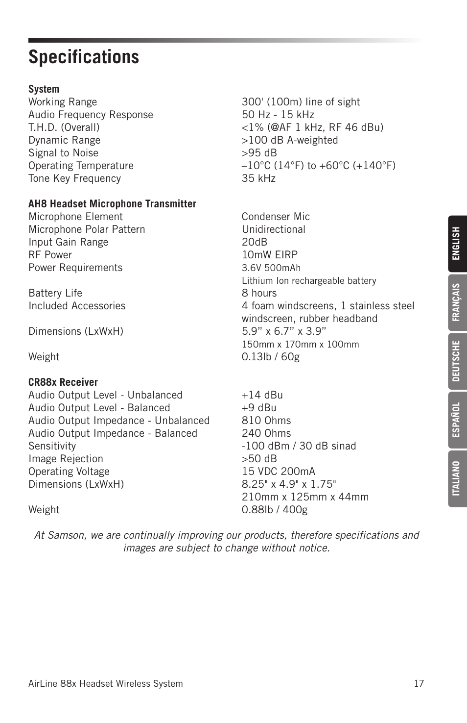 Specifications | Samson AH8 AirLine 88 Wireless Fitness Headset Microphone Transmitter (D: 542 to 566 MHz) User Manual | Page 17 / 84