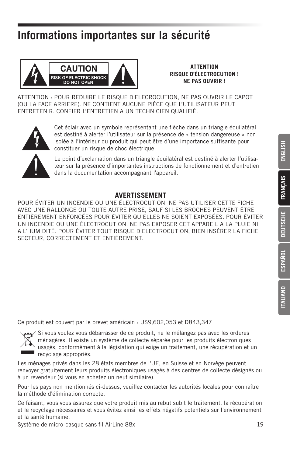 Informations importantes sur la sécurité, Avertissement | Samson AH8 AirLine 88 Wireless Fitness Headset Microphone Transmitter (D: 542 to 566 MHz) User Manual | Page 19 / 84