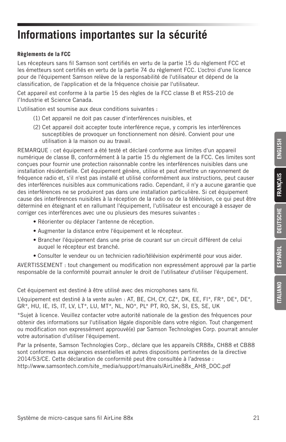 Informations importantes sur la sécurité | Samson AH8 AirLine 88 Wireless Fitness Headset Microphone Transmitter (D: 542 to 566 MHz) User Manual | Page 21 / 84