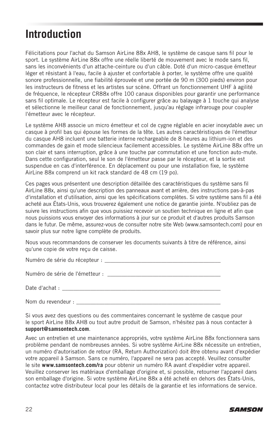 Introduction | Samson AH8 AirLine 88 Wireless Fitness Headset Microphone Transmitter (D: 542 to 566 MHz) User Manual | Page 22 / 84