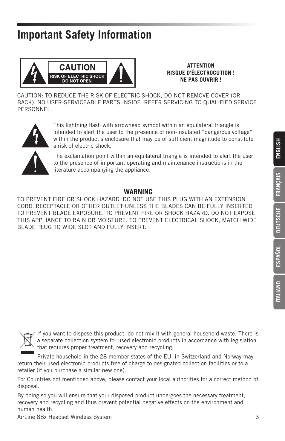 Important safety information, Warning | Samson AH8 AirLine 88 Wireless Fitness Headset Microphone Transmitter (D: 542 to 566 MHz) User Manual | Page 3 / 84