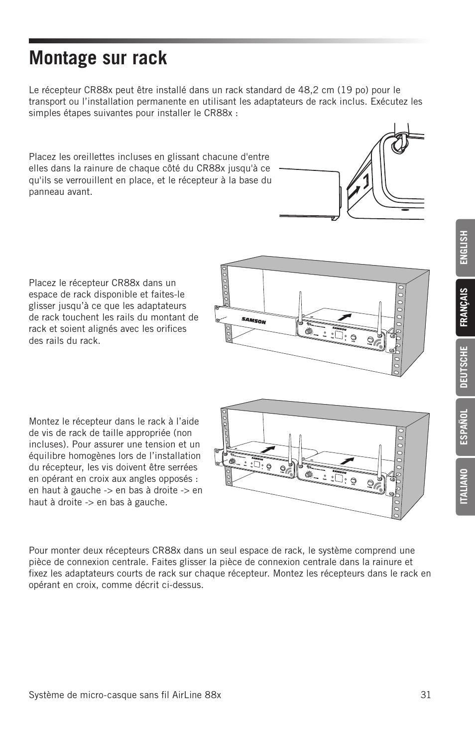 Montage sur rack | Samson AH8 AirLine 88 Wireless Fitness Headset Microphone Transmitter (D: 542 to 566 MHz) User Manual | Page 31 / 84