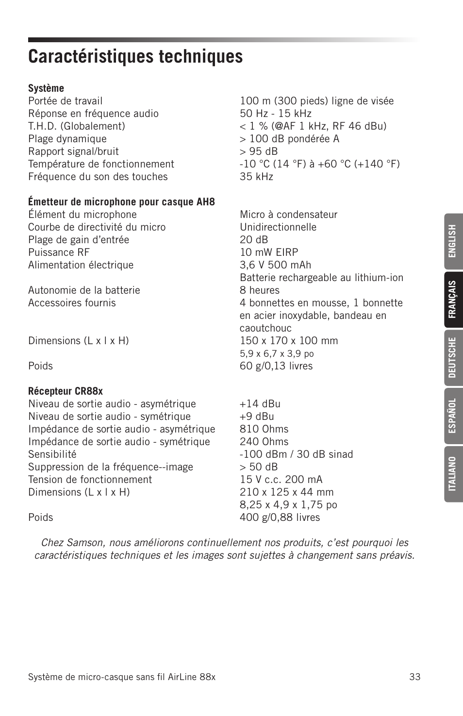 Caractéristiques techniques | Samson AH8 AirLine 88 Wireless Fitness Headset Microphone Transmitter (D: 542 to 566 MHz) User Manual | Page 33 / 84