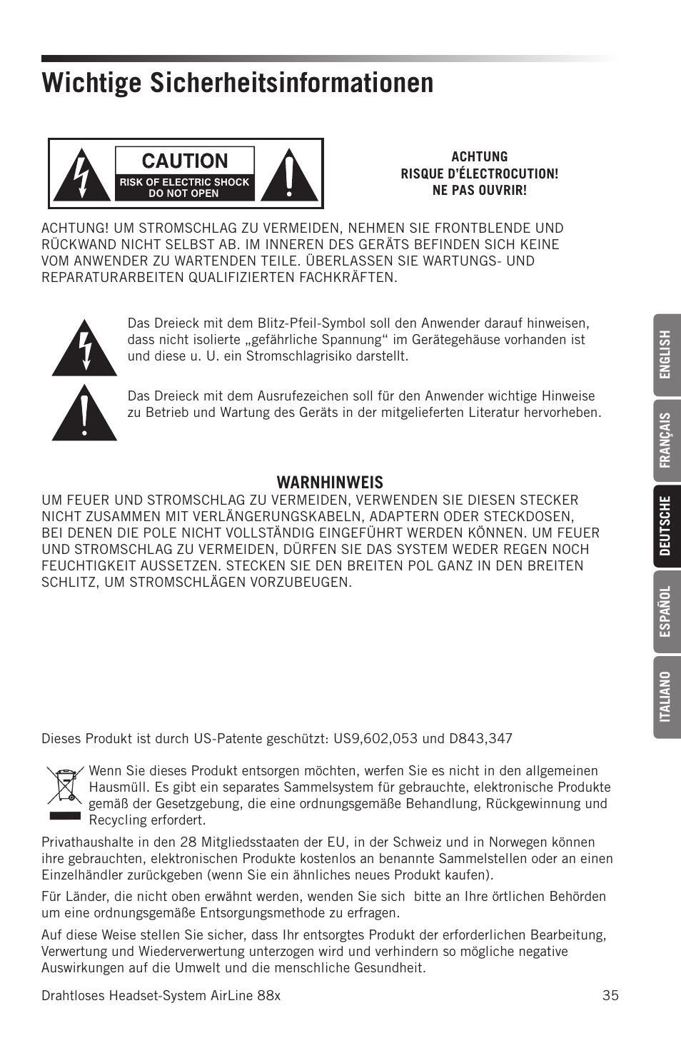Wichtige sicherheitsinformationen, Warnhinweis | Samson AH8 AirLine 88 Wireless Fitness Headset Microphone Transmitter (D: 542 to 566 MHz) User Manual | Page 35 / 84