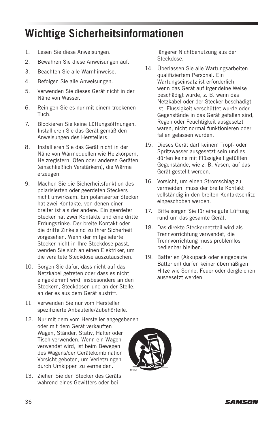 Wichtige sicherheitsinformationen | Samson AH8 AirLine 88 Wireless Fitness Headset Microphone Transmitter (D: 542 to 566 MHz) User Manual | Page 36 / 84