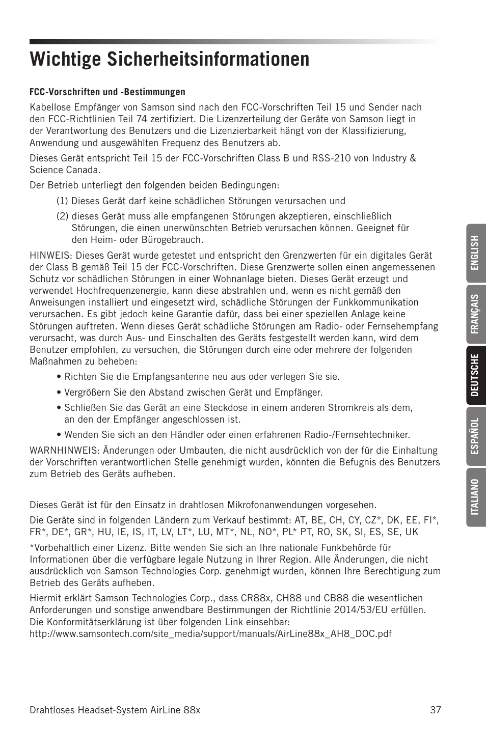 Wichtige sicherheitsinformationen | Samson AH8 AirLine 88 Wireless Fitness Headset Microphone Transmitter (D: 542 to 566 MHz) User Manual | Page 37 / 84