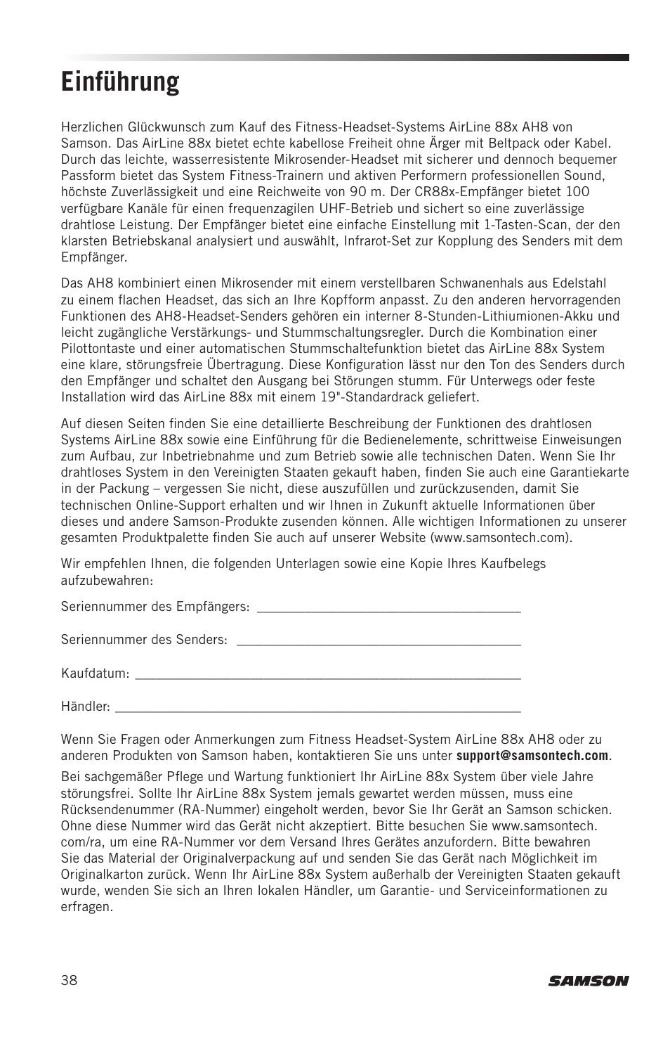 Einführung | Samson AH8 AirLine 88 Wireless Fitness Headset Microphone Transmitter (D: 542 to 566 MHz) User Manual | Page 38 / 84