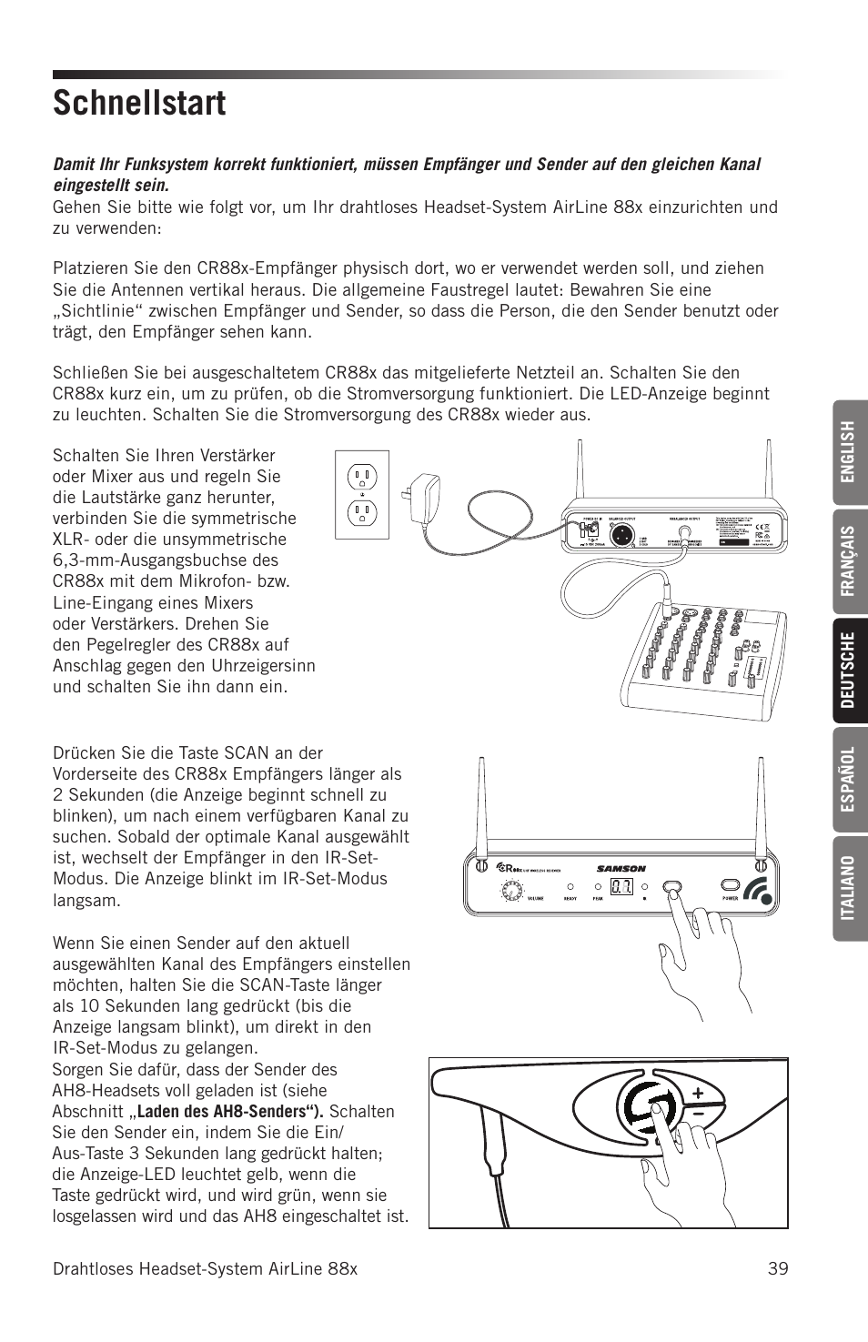 Schnellstart | Samson AH8 AirLine 88 Wireless Fitness Headset Microphone Transmitter (D: 542 to 566 MHz) User Manual | Page 39 / 84