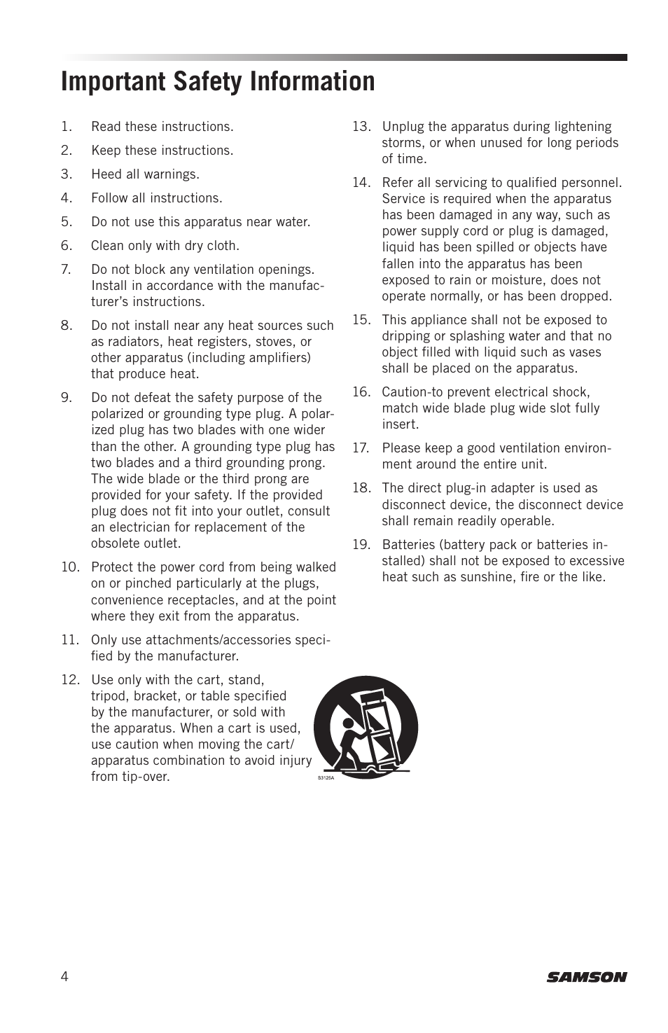 Important safety information | Samson AH8 AirLine 88 Wireless Fitness Headset Microphone Transmitter (D: 542 to 566 MHz) User Manual | Page 4 / 84