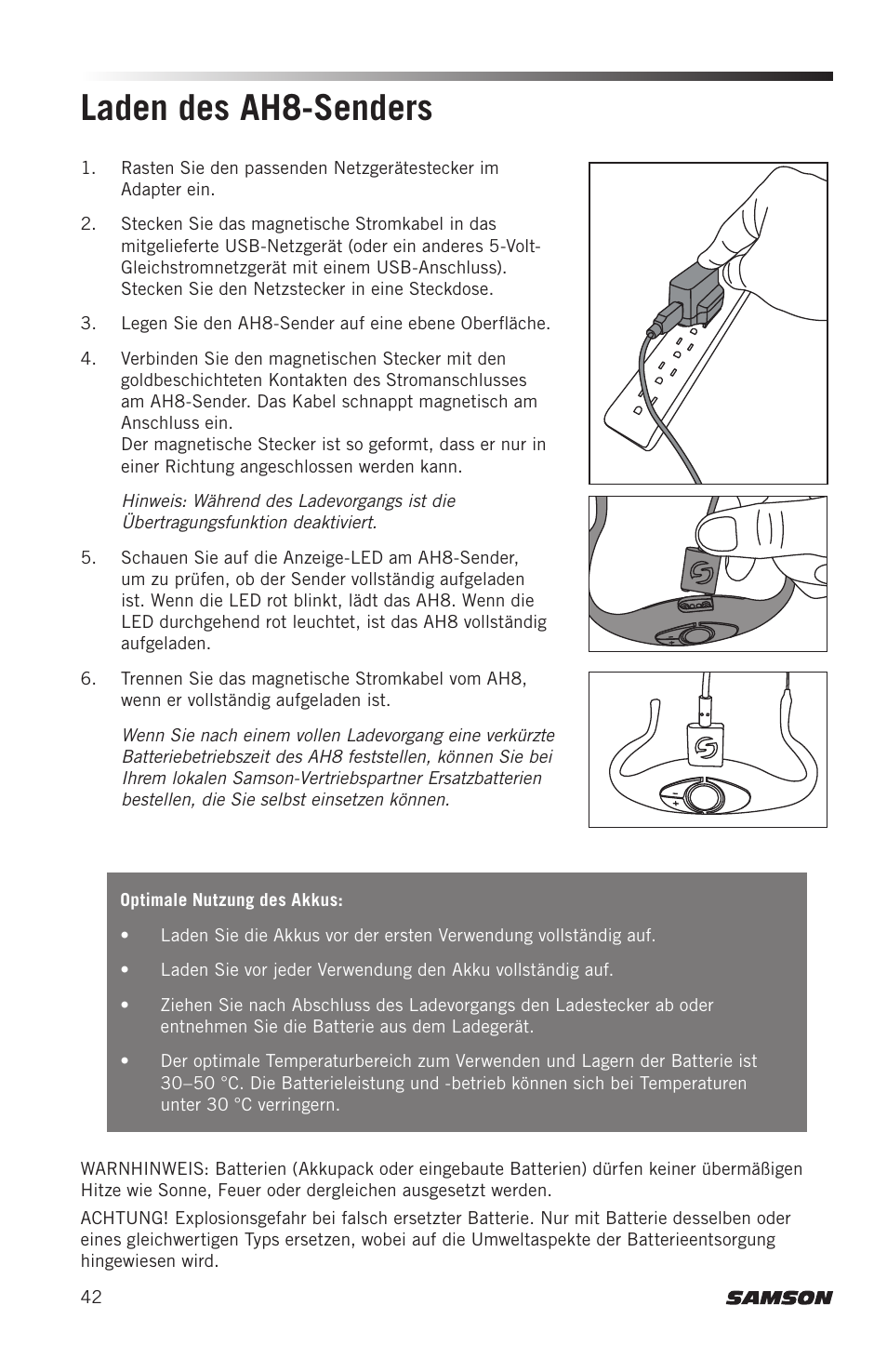 Laden des ah8-senders | Samson AH8 AirLine 88 Wireless Fitness Headset Microphone Transmitter (D: 542 to 566 MHz) User Manual | Page 42 / 84