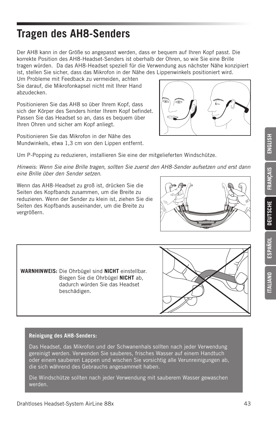 Tragen des ah8-senders | Samson AH8 AirLine 88 Wireless Fitness Headset Microphone Transmitter (D: 542 to 566 MHz) User Manual | Page 43 / 84