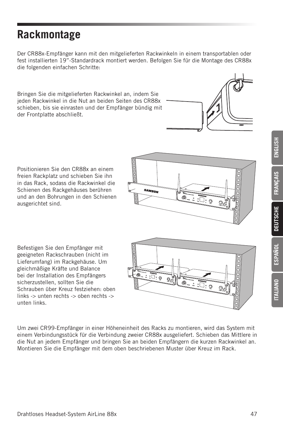 Rackmontage | Samson AH8 AirLine 88 Wireless Fitness Headset Microphone Transmitter (D: 542 to 566 MHz) User Manual | Page 47 / 84