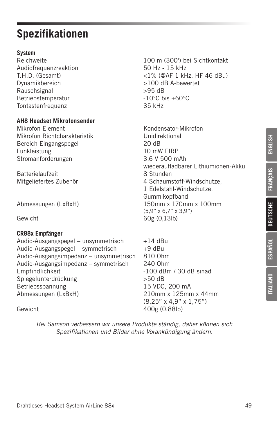 Spezifikationen | Samson AH8 AirLine 88 Wireless Fitness Headset Microphone Transmitter (D: 542 to 566 MHz) User Manual | Page 49 / 84