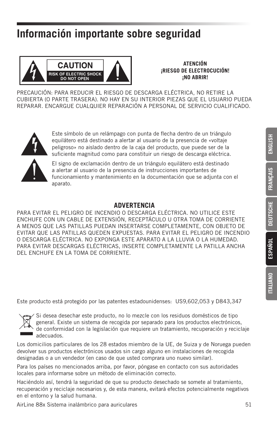 Información importante sobre seguridad, Advertencia | Samson AH8 AirLine 88 Wireless Fitness Headset Microphone Transmitter (D: 542 to 566 MHz) User Manual | Page 51 / 84