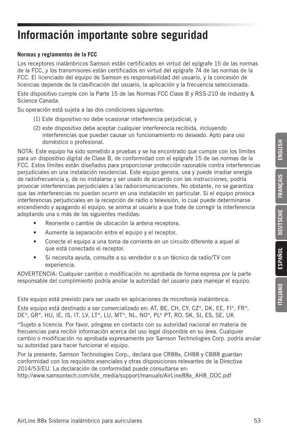 Información importante sobre seguridad | Samson AH8 AirLine 88 Wireless Fitness Headset Microphone Transmitter (D: 542 to 566 MHz) User Manual | Page 53 / 84