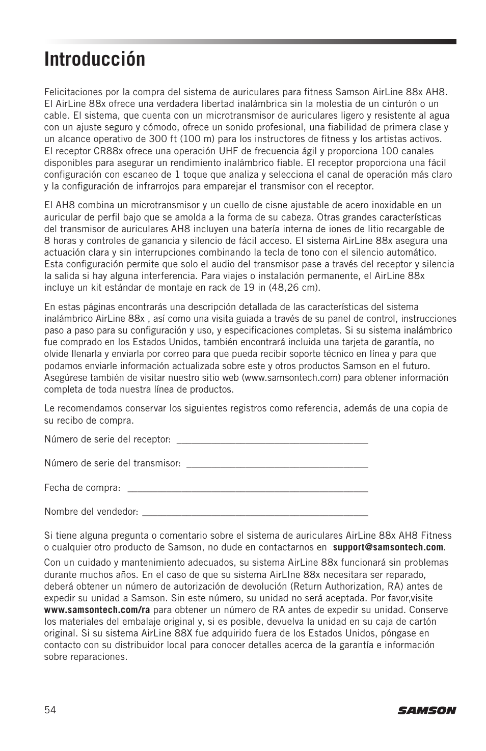 Introducción | Samson AH8 AirLine 88 Wireless Fitness Headset Microphone Transmitter (D: 542 to 566 MHz) User Manual | Page 54 / 84