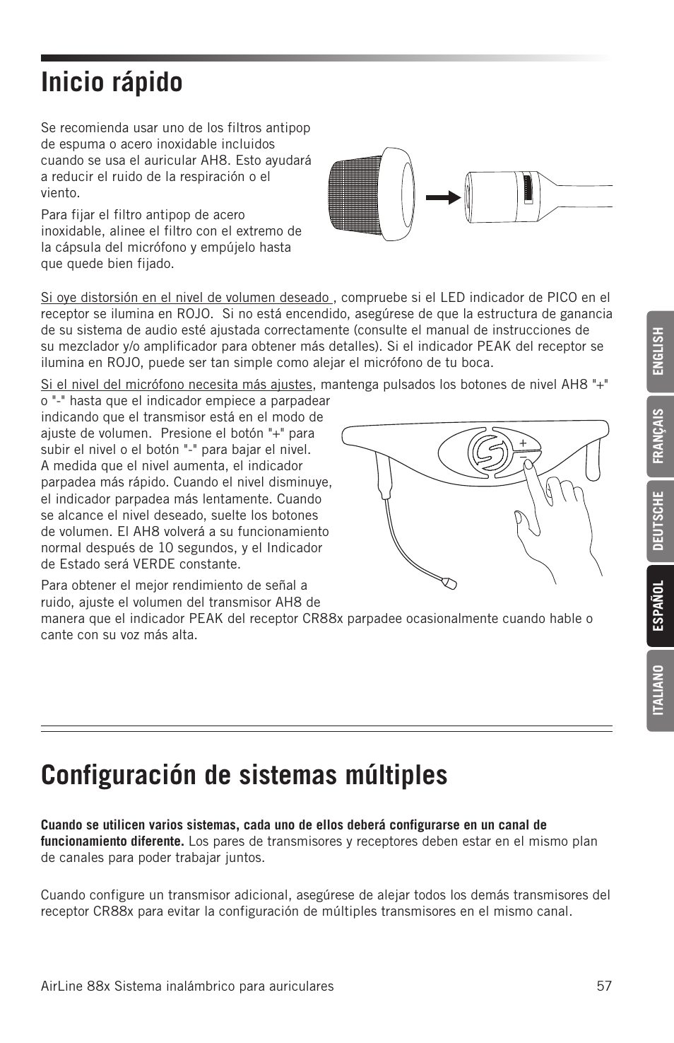 Inicio rápido, Configuración de sistemas múltiples | Samson AH8 AirLine 88 Wireless Fitness Headset Microphone Transmitter (D: 542 to 566 MHz) User Manual | Page 57 / 84