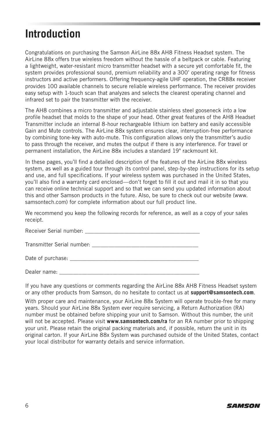 Introduction | Samson AH8 AirLine 88 Wireless Fitness Headset Microphone Transmitter (D: 542 to 566 MHz) User Manual | Page 6 / 84