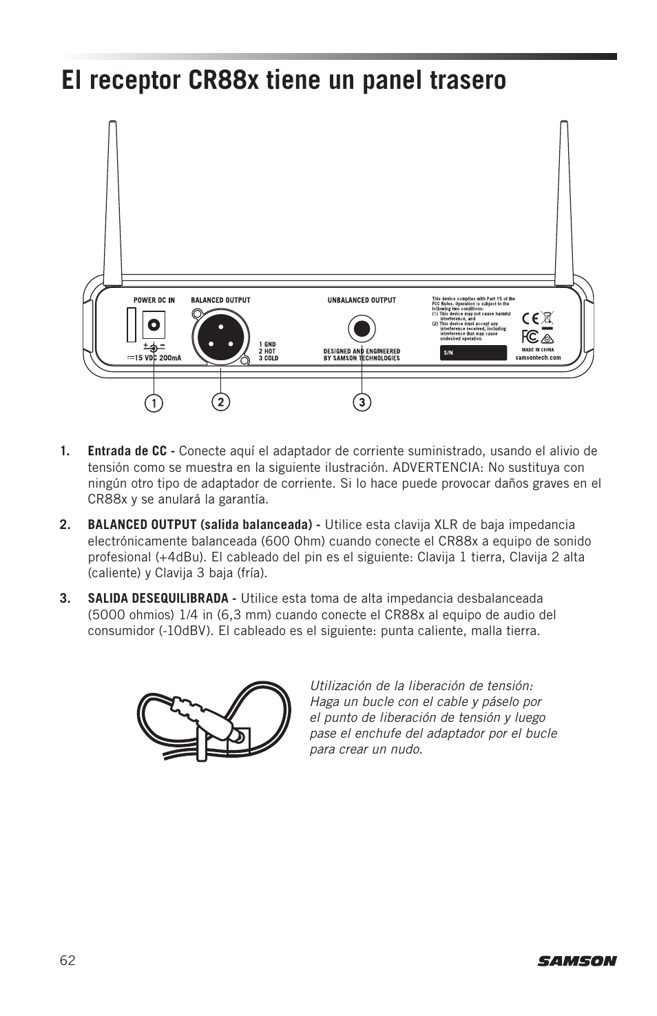 El receptor cr88x tiene un panel trasero | Samson AH8 AirLine 88 Wireless Fitness Headset Microphone Transmitter (D: 542 to 566 MHz) User Manual | Page 62 / 84