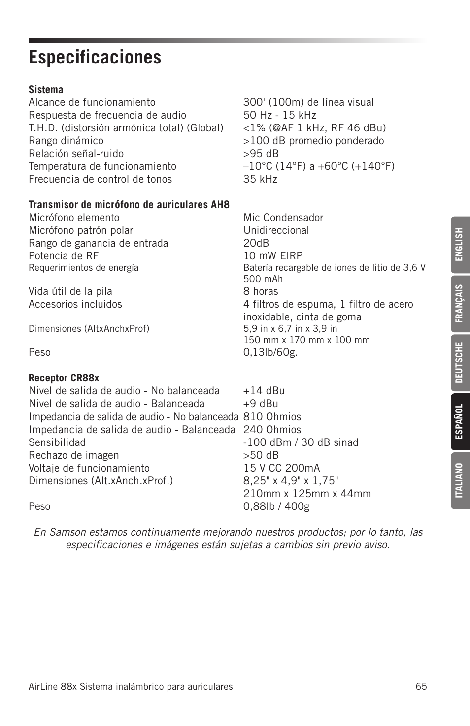 Especificaciones | Samson AH8 AirLine 88 Wireless Fitness Headset Microphone Transmitter (D: 542 to 566 MHz) User Manual | Page 65 / 84