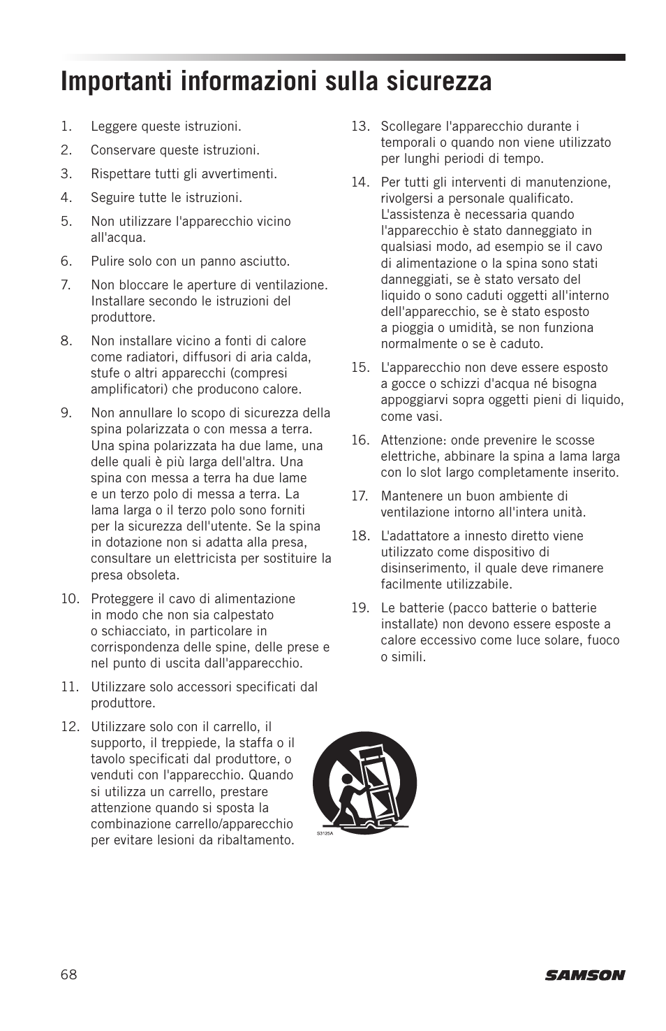 Importanti informazioni sulla sicurezza | Samson AH8 AirLine 88 Wireless Fitness Headset Microphone Transmitter (D: 542 to 566 MHz) User Manual | Page 68 / 84