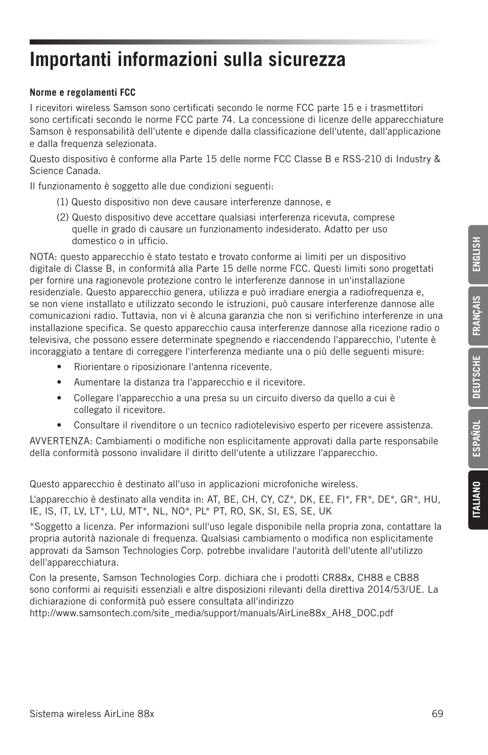 Importanti informazioni sulla sicurezza | Samson AH8 AirLine 88 Wireless Fitness Headset Microphone Transmitter (D: 542 to 566 MHz) User Manual | Page 69 / 84