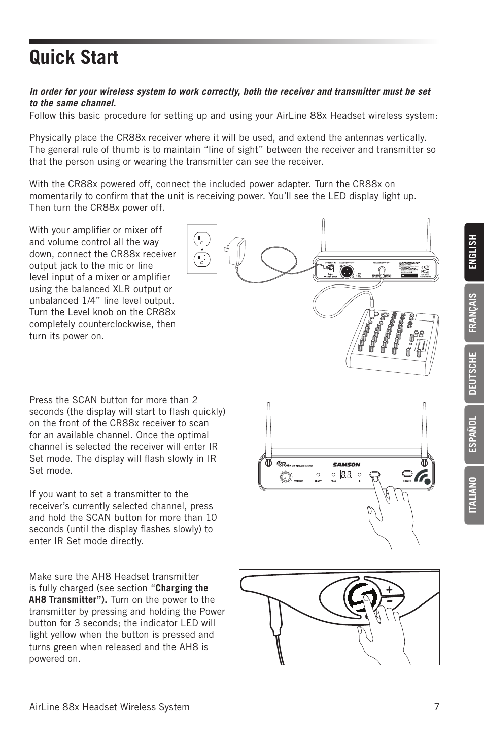 Quick start | Samson AH8 AirLine 88 Wireless Fitness Headset Microphone Transmitter (D: 542 to 566 MHz) User Manual | Page 7 / 84