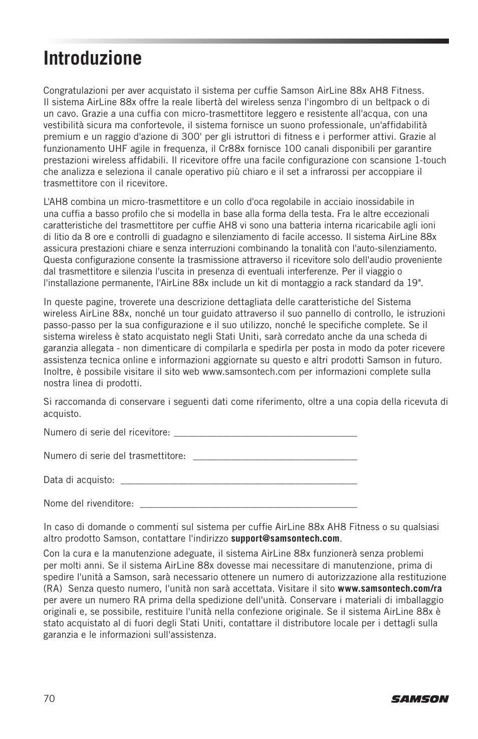 Introduzione | Samson AH8 AirLine 88 Wireless Fitness Headset Microphone Transmitter (D: 542 to 566 MHz) User Manual | Page 70 / 84