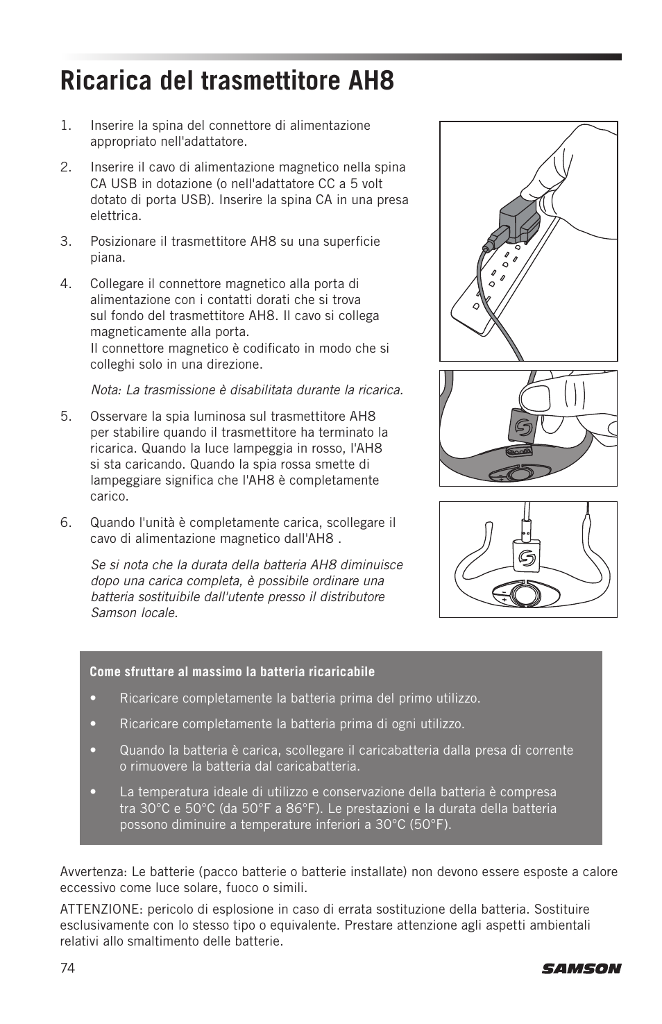 Ricarica del trasmettitore ah8 | Samson AH8 AirLine 88 Wireless Fitness Headset Microphone Transmitter (D: 542 to 566 MHz) User Manual | Page 74 / 84