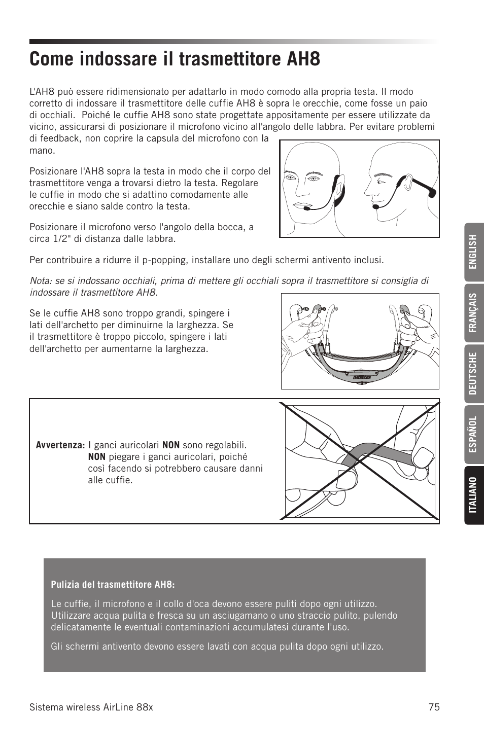 Come indossare il trasmettitore ah8 | Samson AH8 AirLine 88 Wireless Fitness Headset Microphone Transmitter (D: 542 to 566 MHz) User Manual | Page 75 / 84